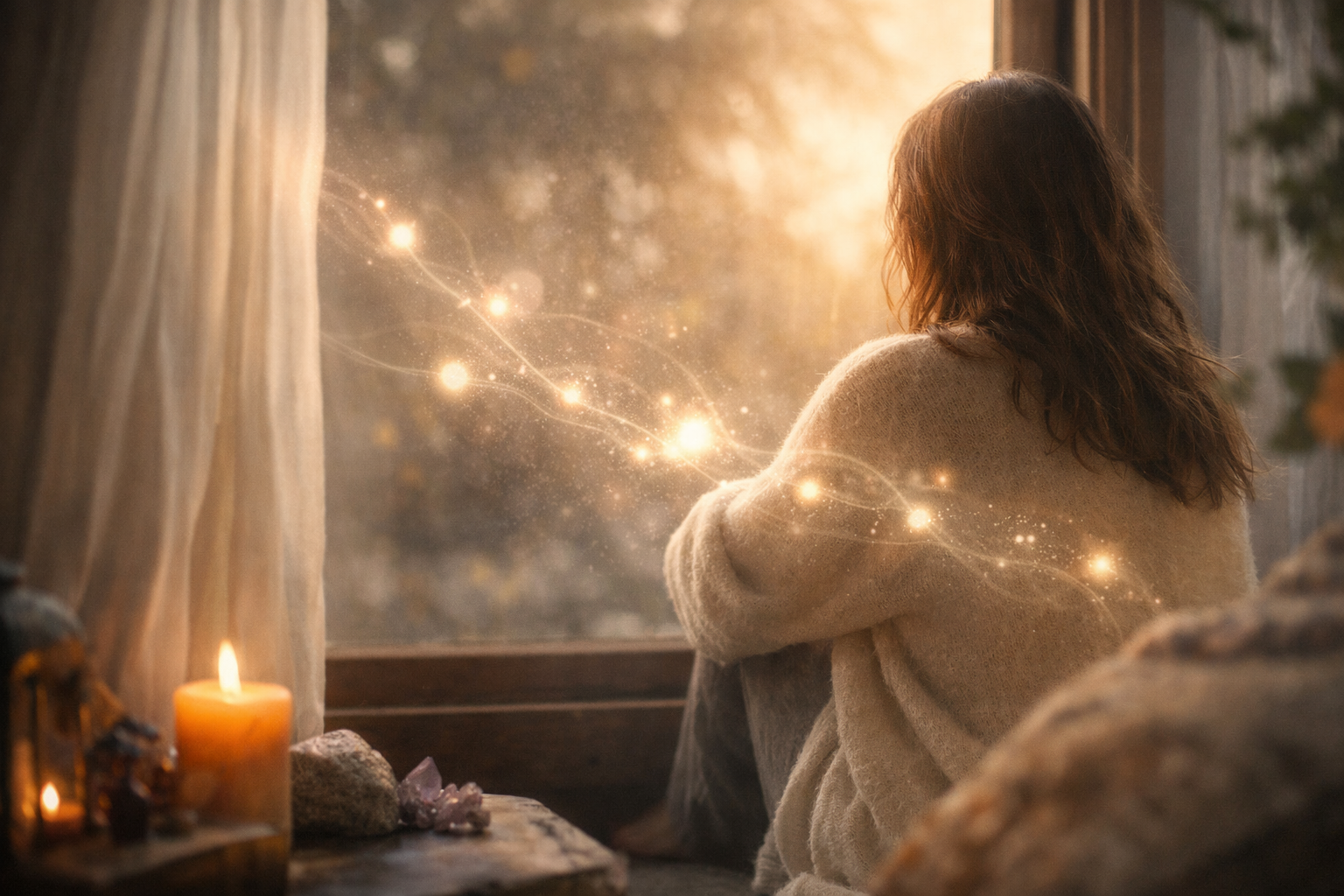 Femme assise près d’une fenêtre, ambiance douce et lumineuse évoquant un blocage énergétique et un apaisement intérieur