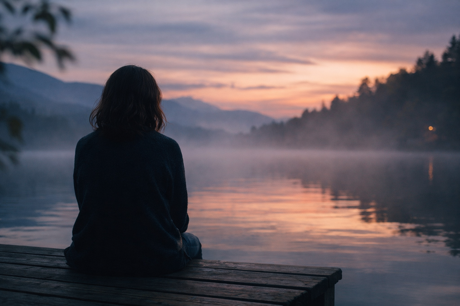 Personne assise de dos face à un lac au crépuscule, symbolisant des blocages émotionnels et une solitude intérieure