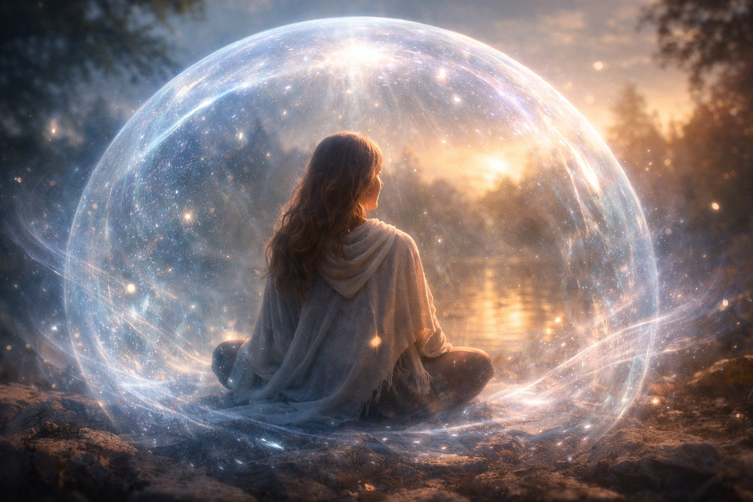 femme méditant dans une bulle de protection énergétique lumineuse au bord d’un lac