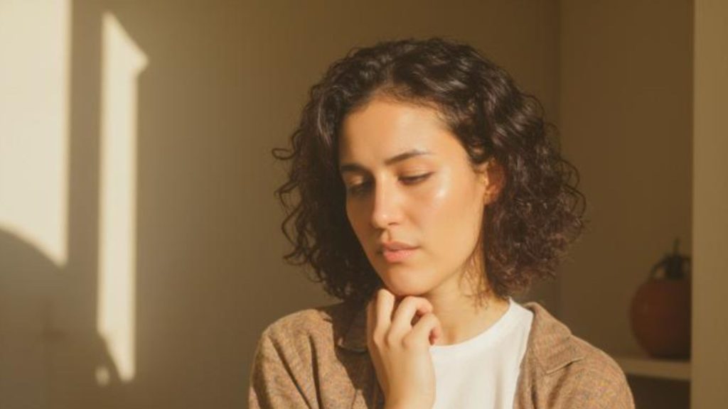 Femme pensive ressentant un blocage en amour et une difficulté à avancer dans sa relation