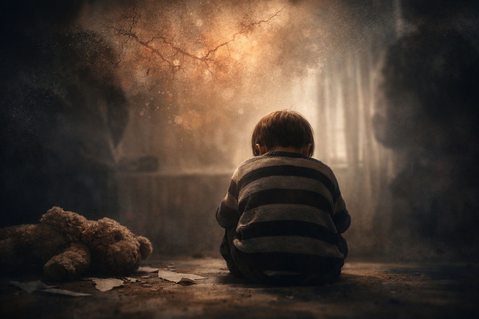 Enfant assis seul de dos dans une ambiance douce et sombre, symbole d’hypersensibilité et d’enfance blessée
