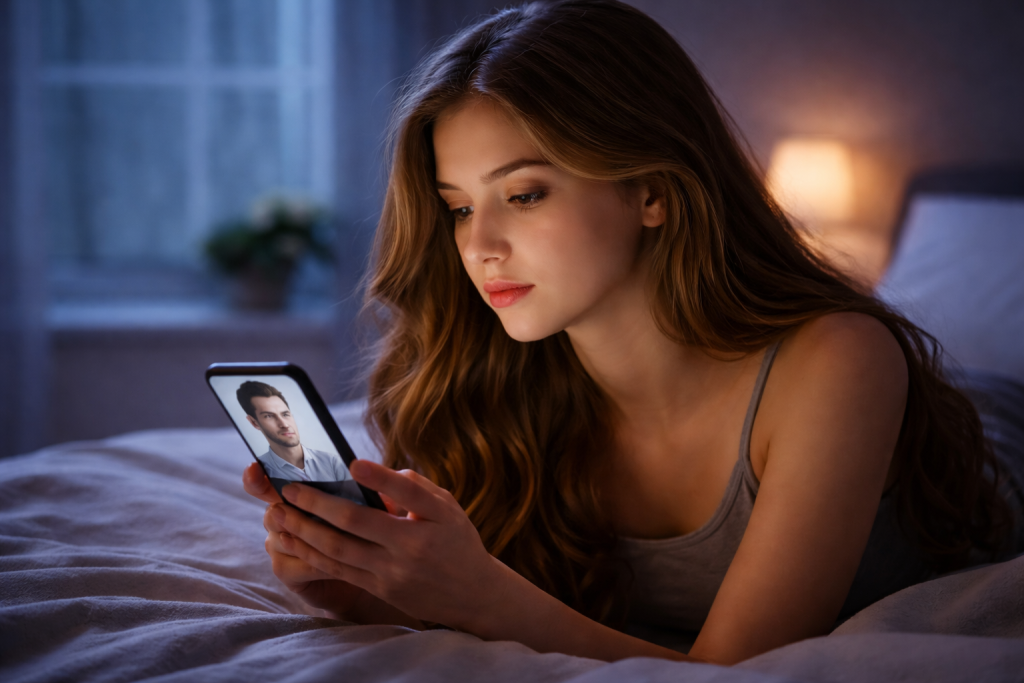 femme qui pense tout le temps à un homme et regarde sa photo sur son téléphone
