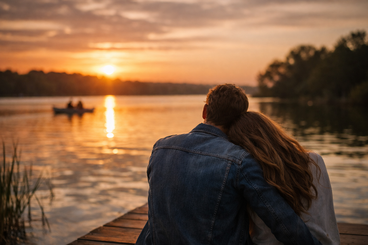 Couple assis au bord d’un lac au coucher du soleil, symbole de relation amoureuse apaisée