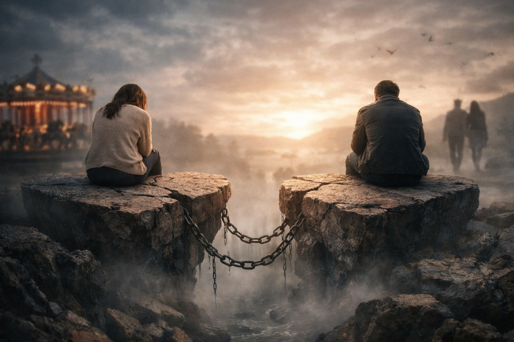 Schémas répétitifs en amour : couple assis séparé sur deux rochers, distance émotionnelle