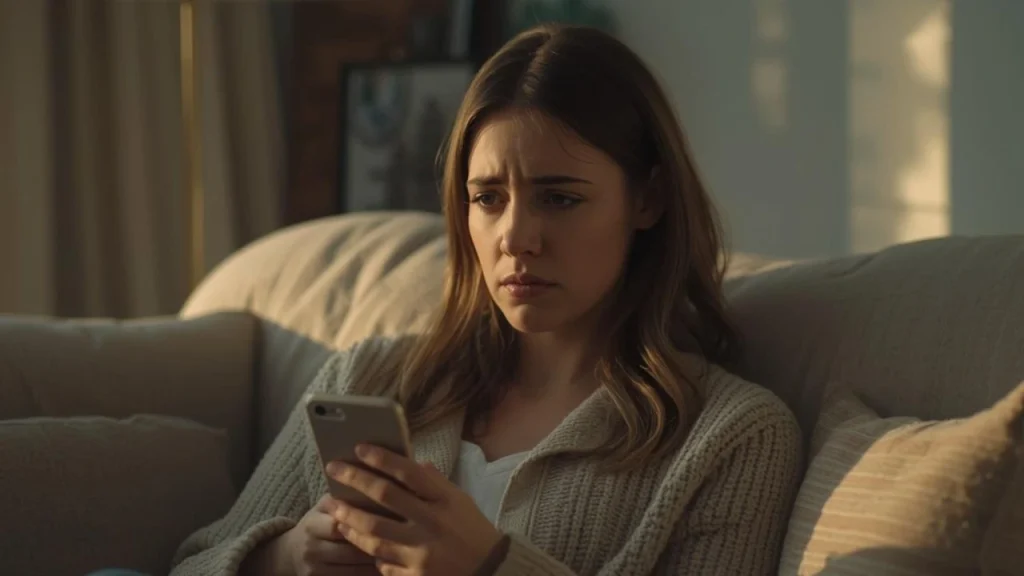 Femme regardant son téléphone avec besoin d’être rassurée dans une relation amoureuse