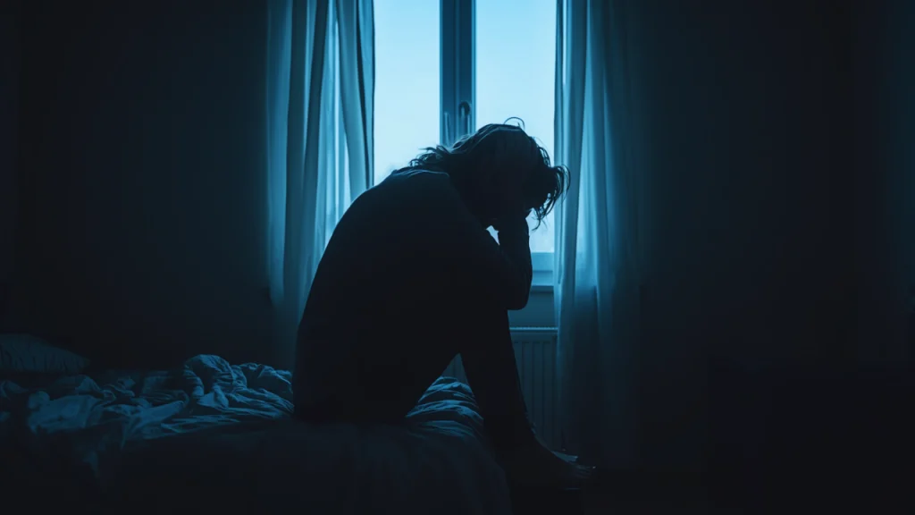 Personne épuisée assise au bord du lit avant d’aller travailler le matin