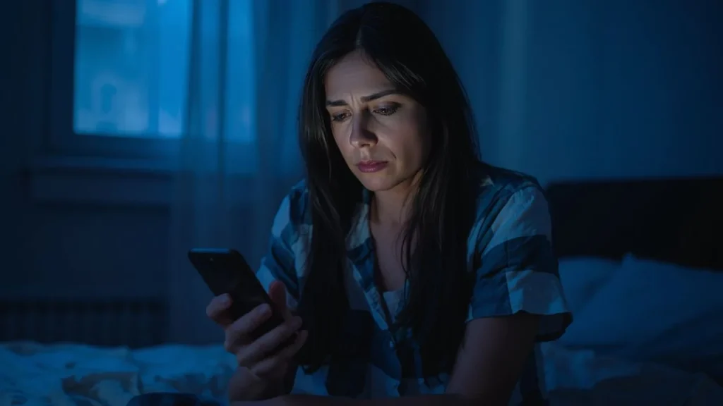 Femme regardant son téléphone avec hésitation sans parvenir à répondre à ses messages malgré son envie de reprendre contact.