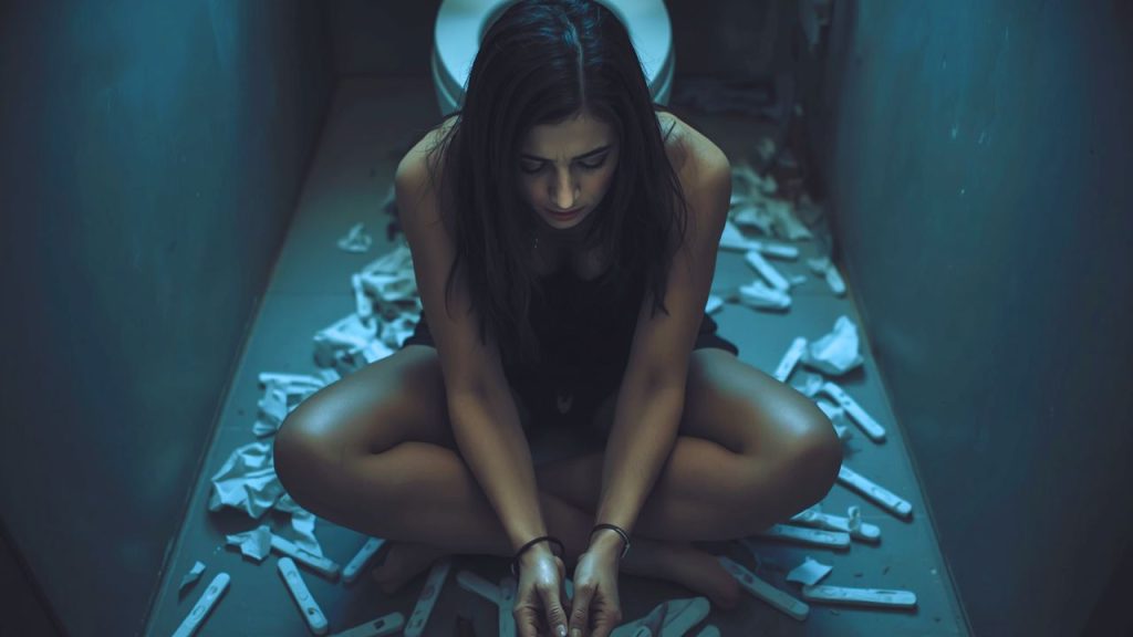Une femme assise seule au sol entourée de tests de grossesse négatifs dans une ambiance sombre traduisant une profonde détresse émotionnelle.