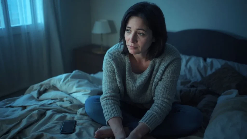 Femme assise seule sur un lit dans une chambre sombre, l’air épuisé et triste pendant une période émotionnellement difficile liée à ses règles.
