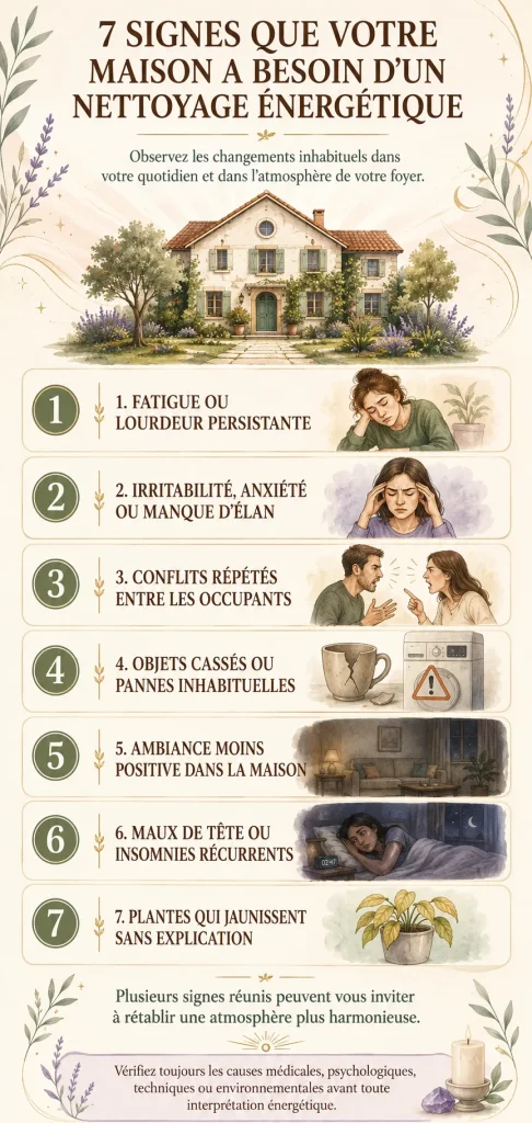 Infographie présentant sept signes pouvant indiquer qu’une maison a besoin d’un nettoyage énergétique