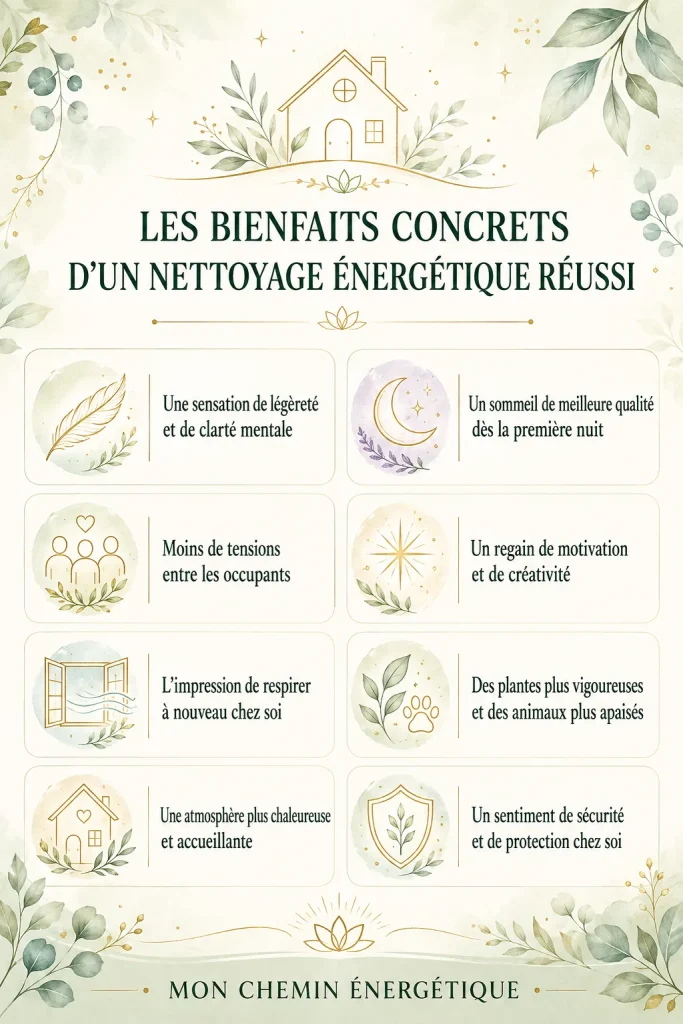 Infographie présentant les huit bienfaits d’un nettoyage énergétique réussi dans une maison