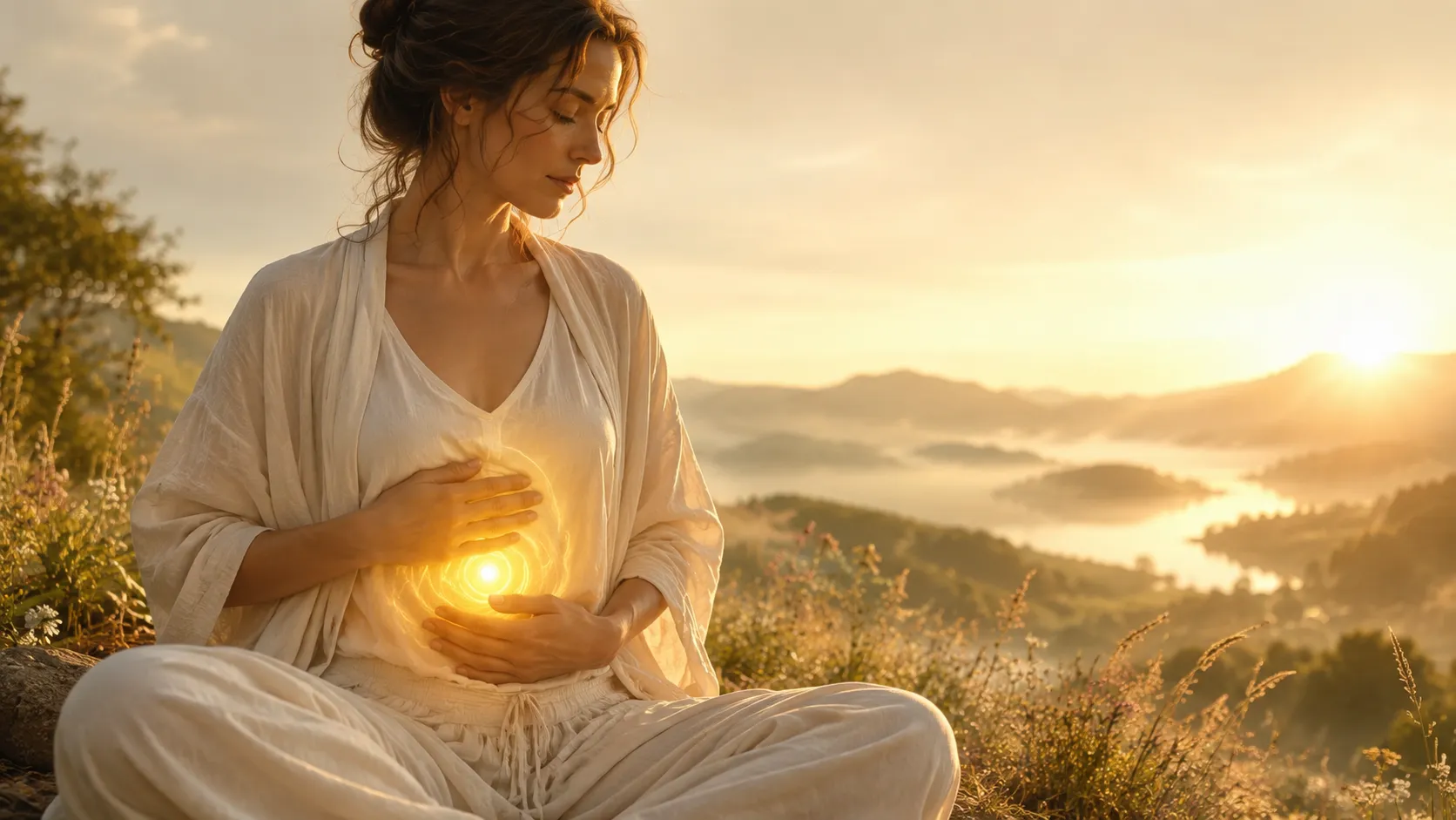Femme posant ses mains sur son ventre avec une lumière jaune représentant le chakra du plexus solaire