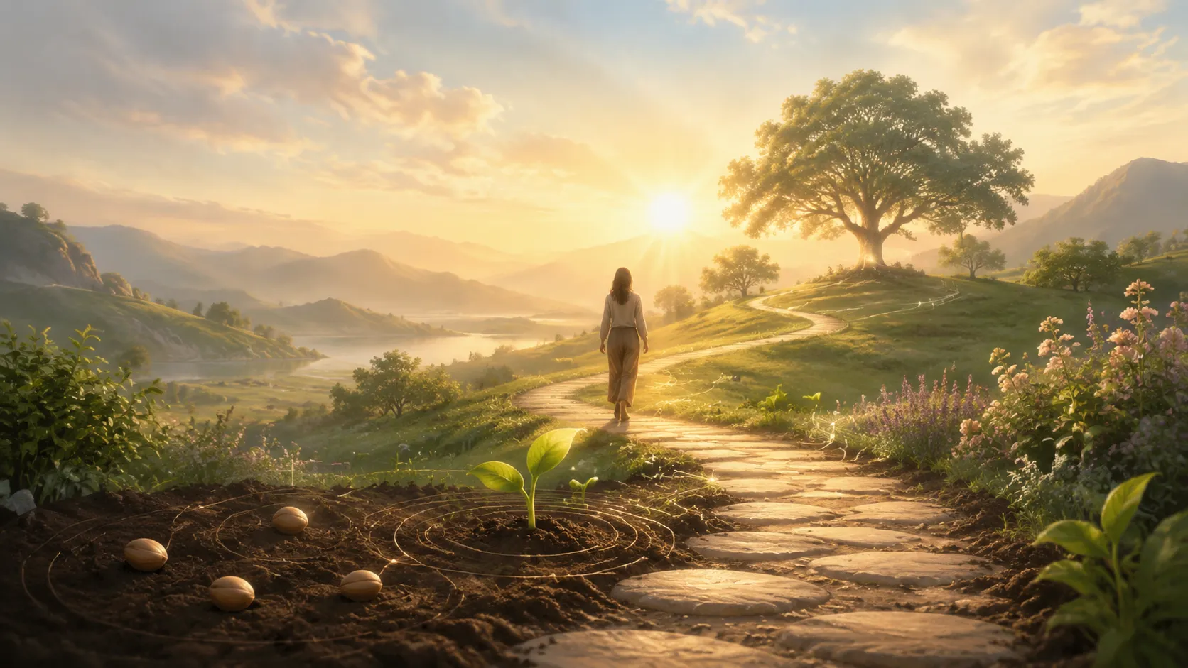 Chemin lumineux bordé de graines et d’une jeune pousse symbolisant le karma et l’évolution personnelle