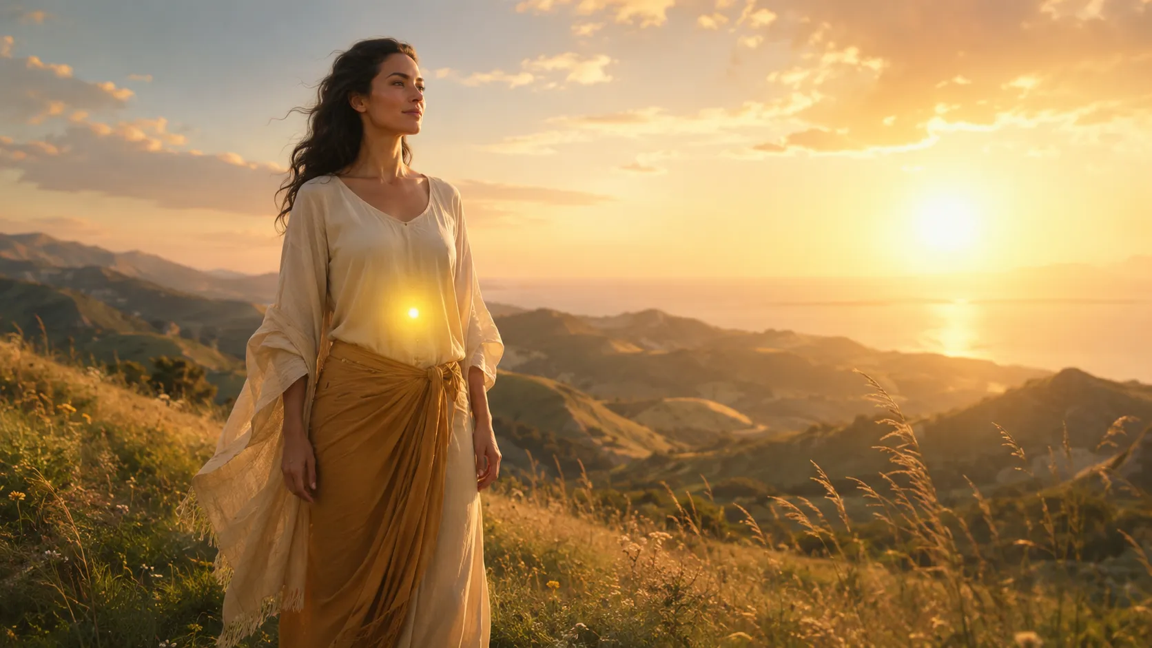 Femme debout face à l’horizon avec une lumière jaune au niveau du chakra du plexus solaire