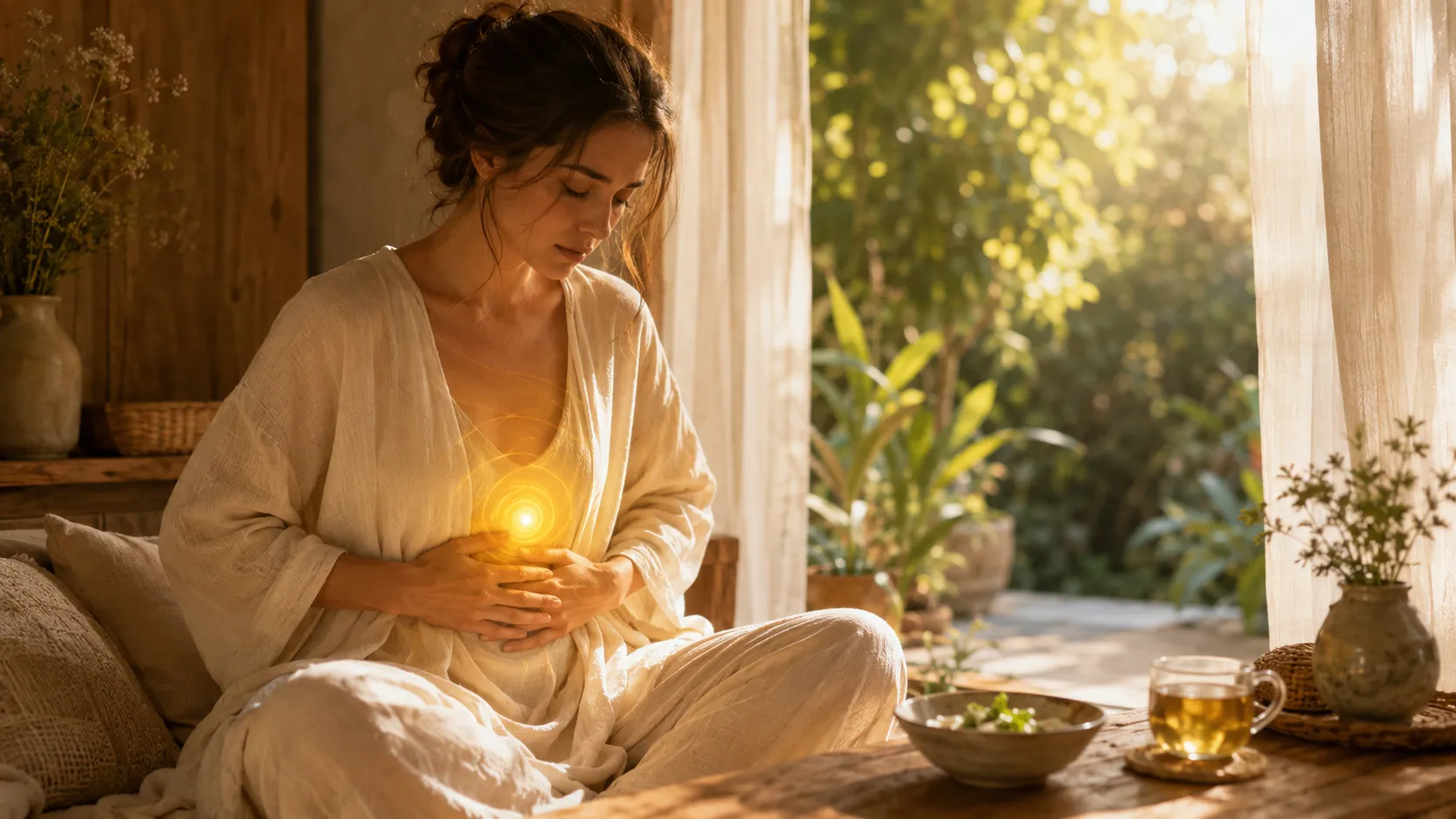 Femme posant les mains sur son ventre avec une lumière jaune au niveau du chakra du plexus solaire