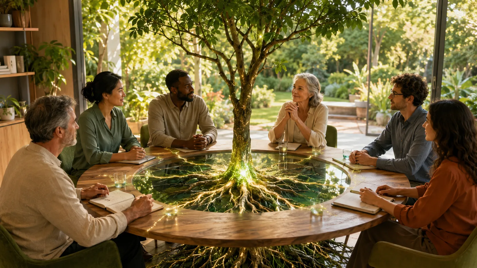 Équipe réunie autour d’un arbre aux racines lumineuses symbolisant le karma d’entreprise et la responsabilité collective