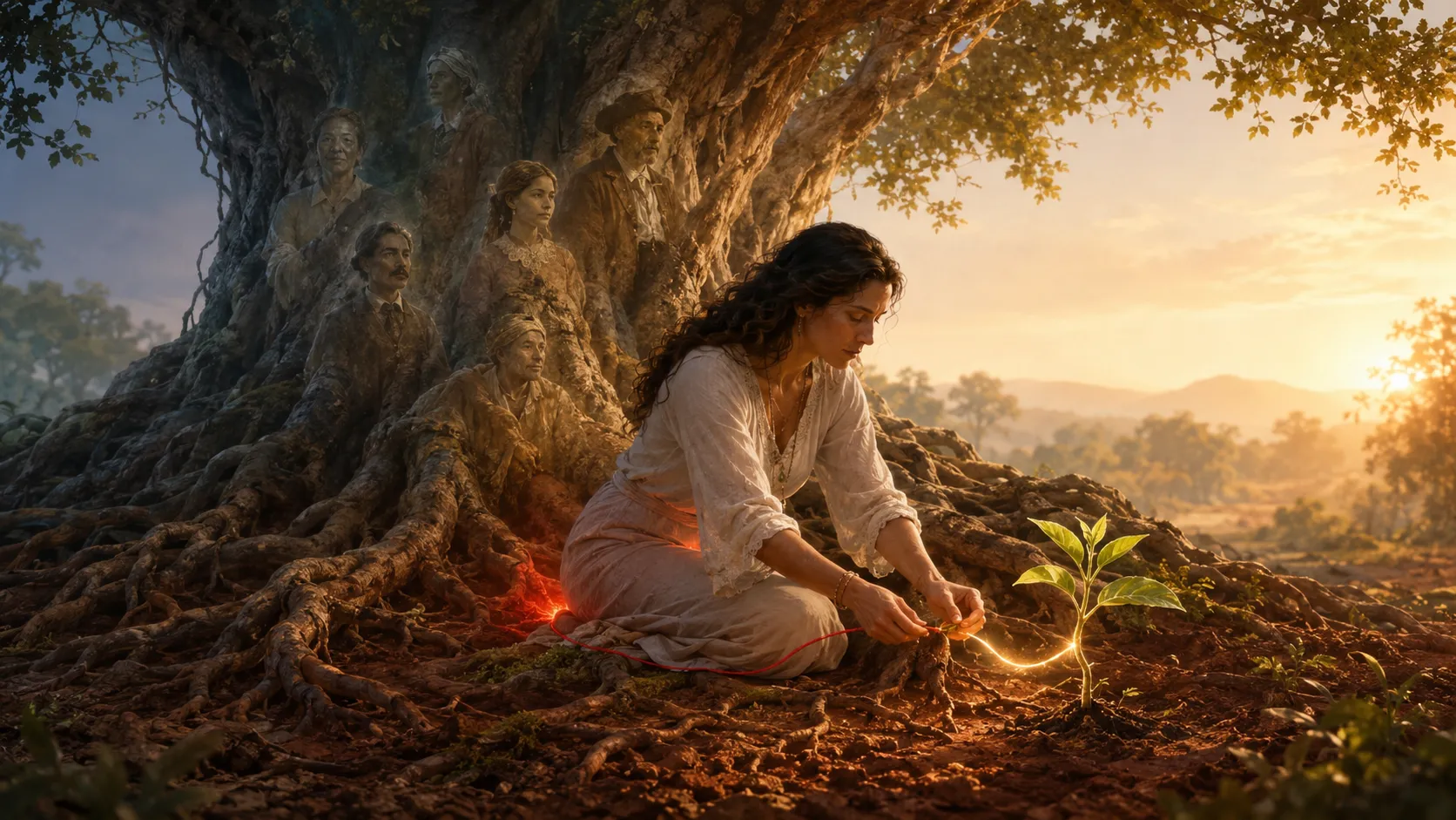 Femme dénouant un fil rouge au pied d’un arbre ancestral pour symboliser la libération du karma générationnel