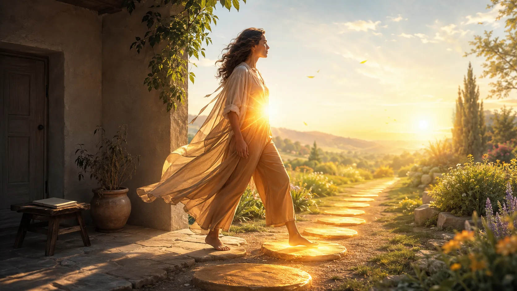 : Femme quittant une zone d’ombre et avançant sur un chemin lumineux pour symboliser la transformation du karma d’inaction