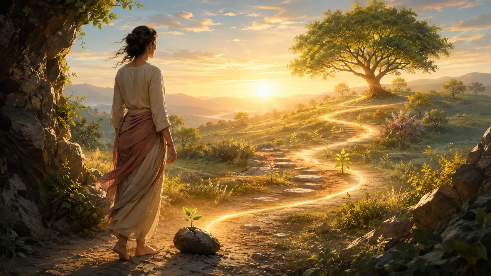 Femme avançant vers un chemin lumineux symbolisant le karma comme une leçon de vie et non une punition
