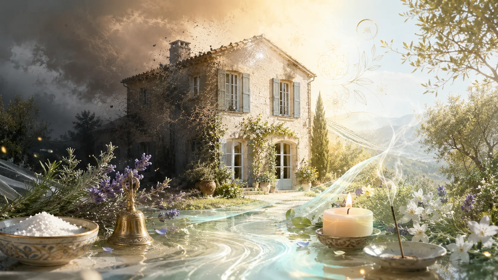 Maison purifiée illustrant 100 méthodes de nettoyage énergétique Légende : Découvrez 100 façons de nettoyer énergétiquement sa maison, inspirées des traditions de France et du monde.
