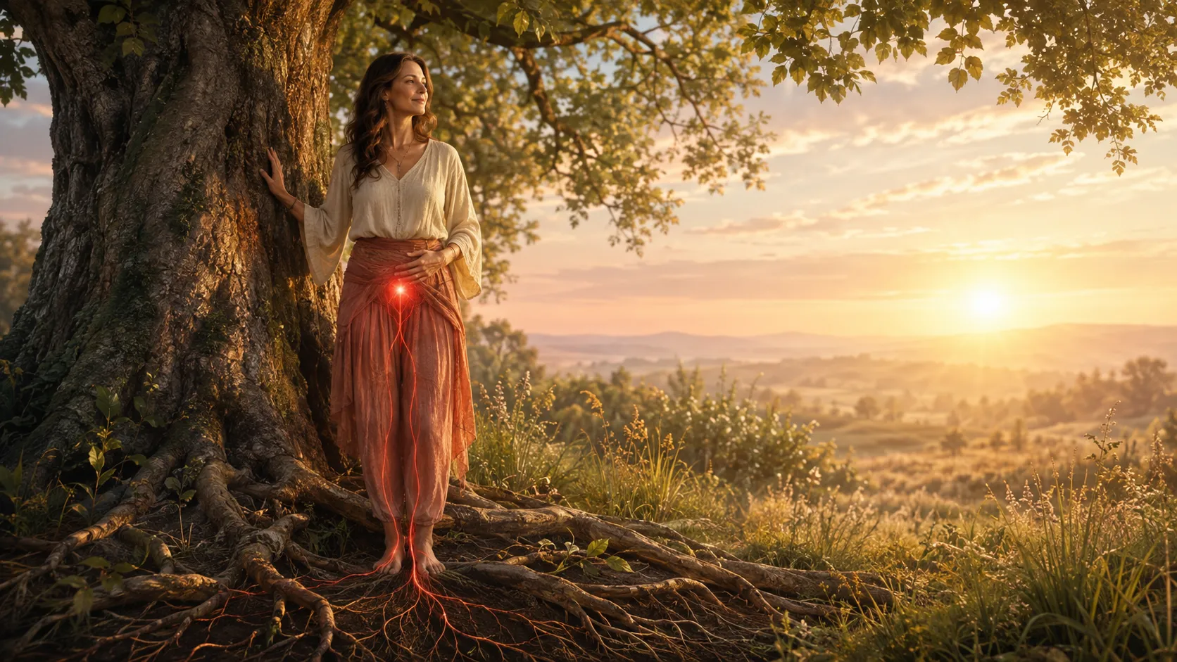 Femme pieds nus près d’un arbre avec une lumière rouge au niveau du chakra racine Légende : Renforcer le chakra racine peut favoriser l’ancrage, la stabilité et le sentiment de sécurité intérieure.