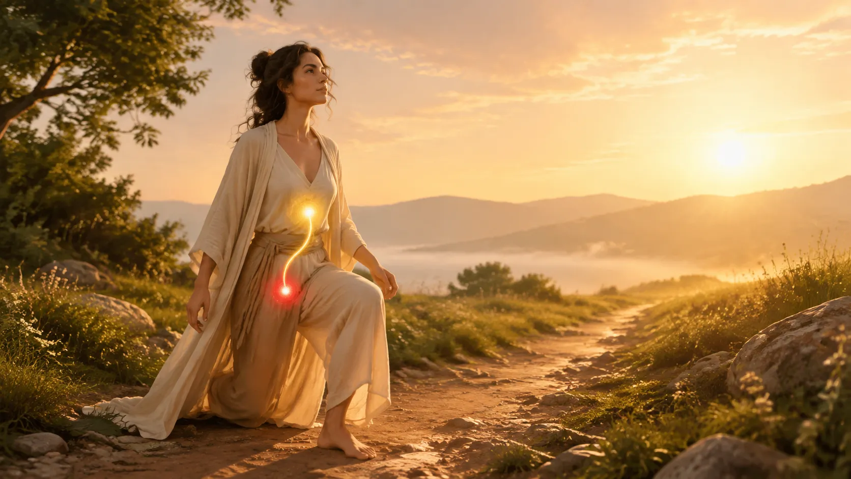 Femme avançant sur un chemin avec le chakra racine rouge et le chakra du plexus solaire jaune illuminés