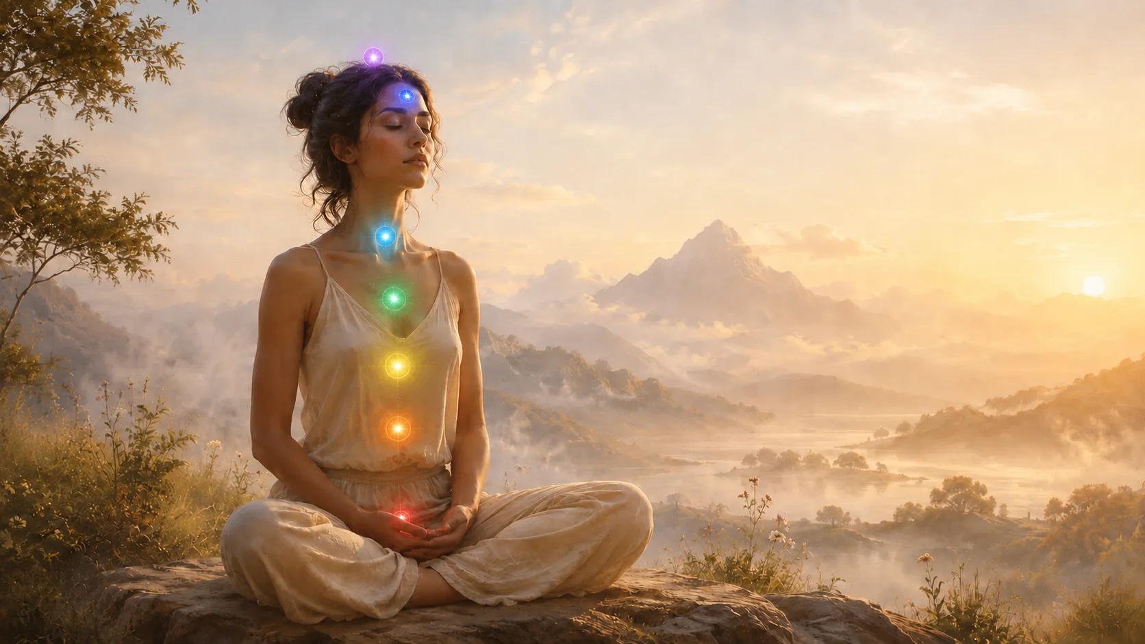 Femme méditant dans la nature avec les sept chakras principaux représentés par des points lumineux