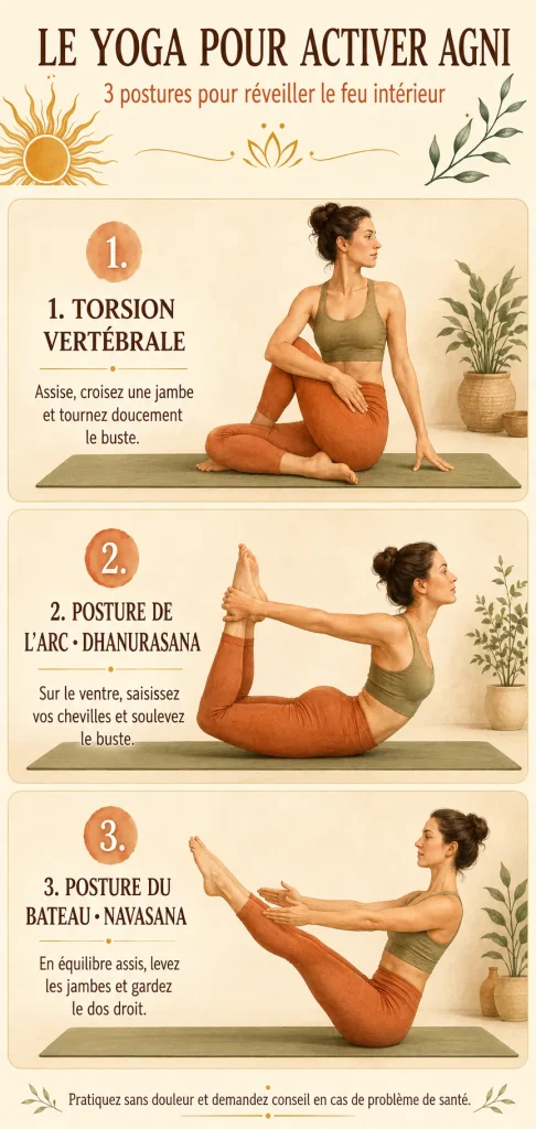 Infographie présentant la torsion vertébrale, la posture de l’arc et la posture du bateau pour stimuler Agni