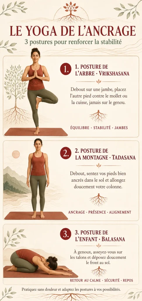 Infographie présentant les postures de l’arbre, de la montagne et de l’enfant pour favoriser l’ancrage